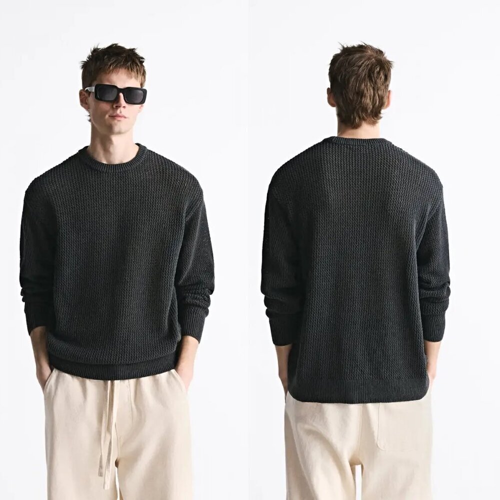 NWt New ZARA Cotton Weave Textured Dark Grey Sweater Size M